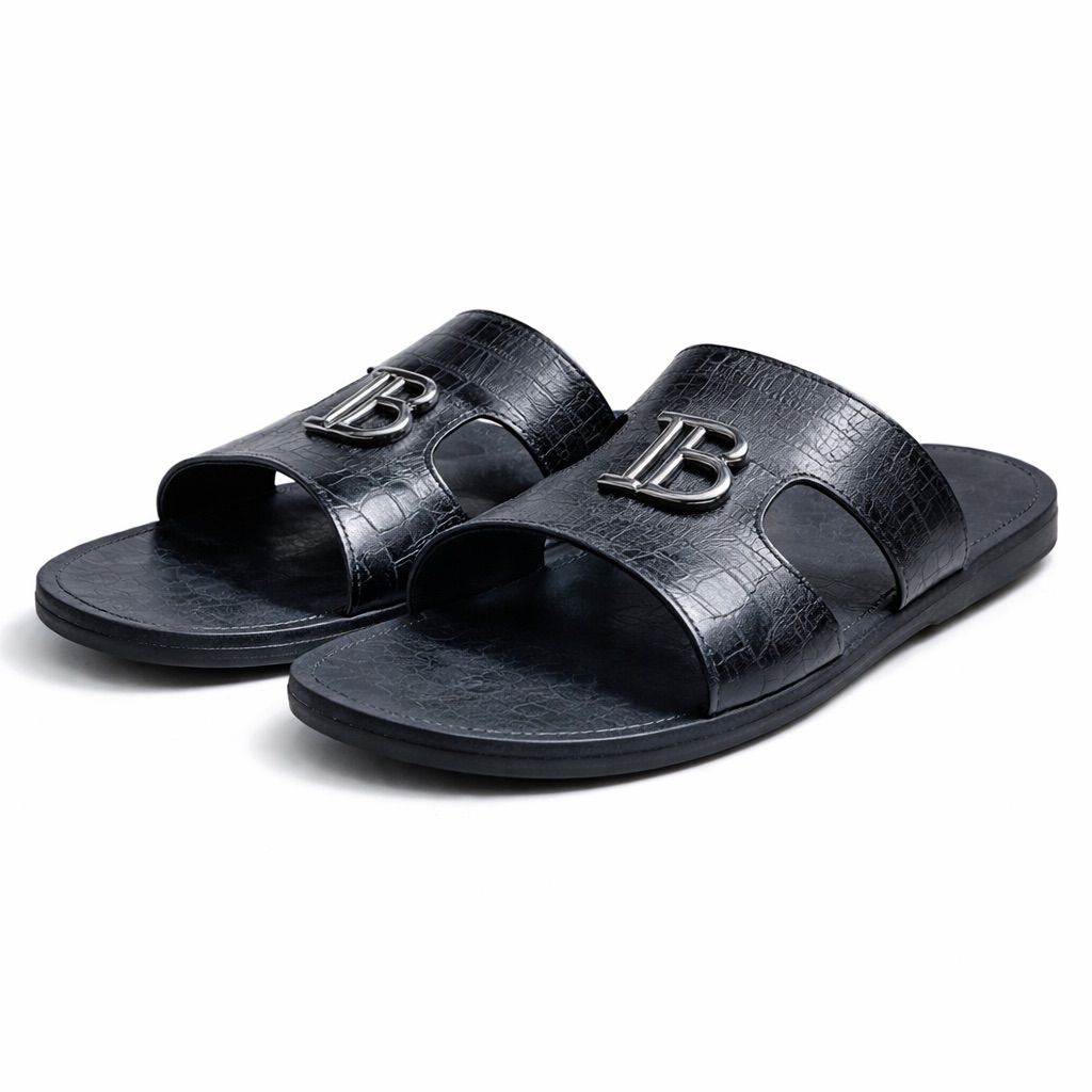 Mens Black Croc Embossed Leather Slide Sandal with Cut Out Designer Logo Style