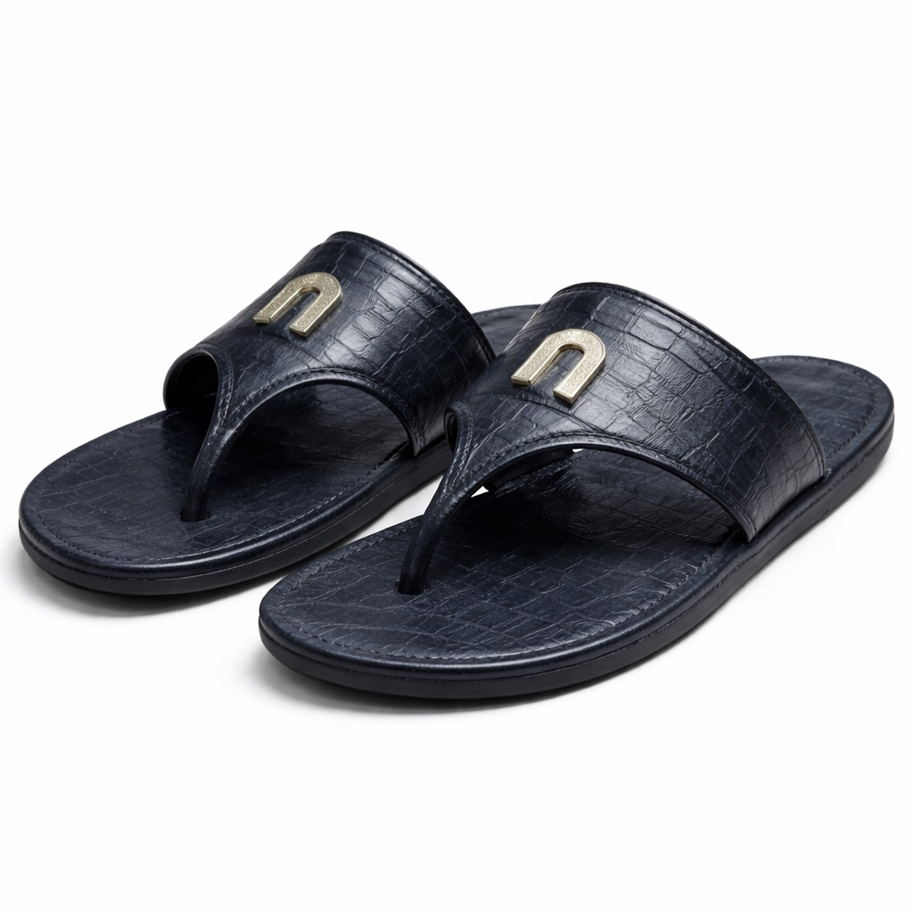 Mens Black Croc Embossed Leather Slide Toe loop Sandal