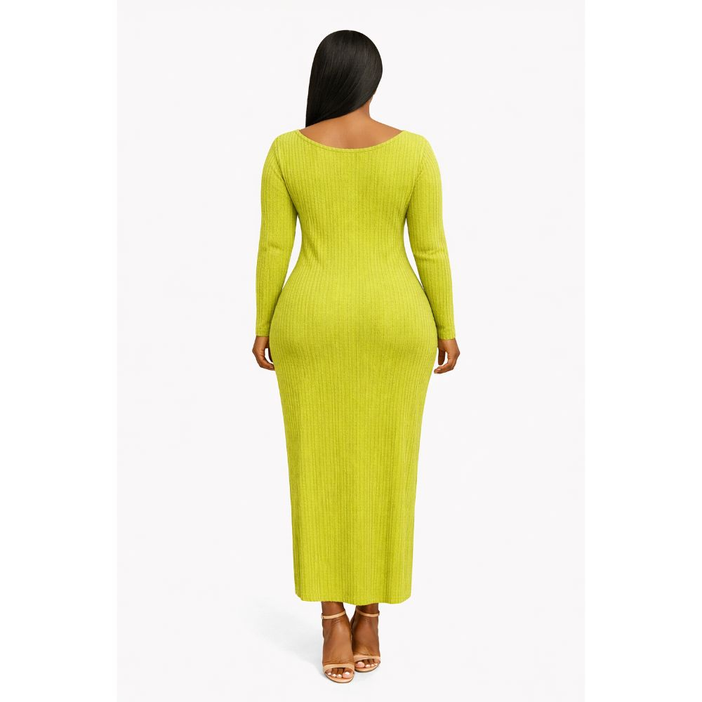 Ribbed Long Sleeve Bodycon Midi Dress with Back Tie Detail
