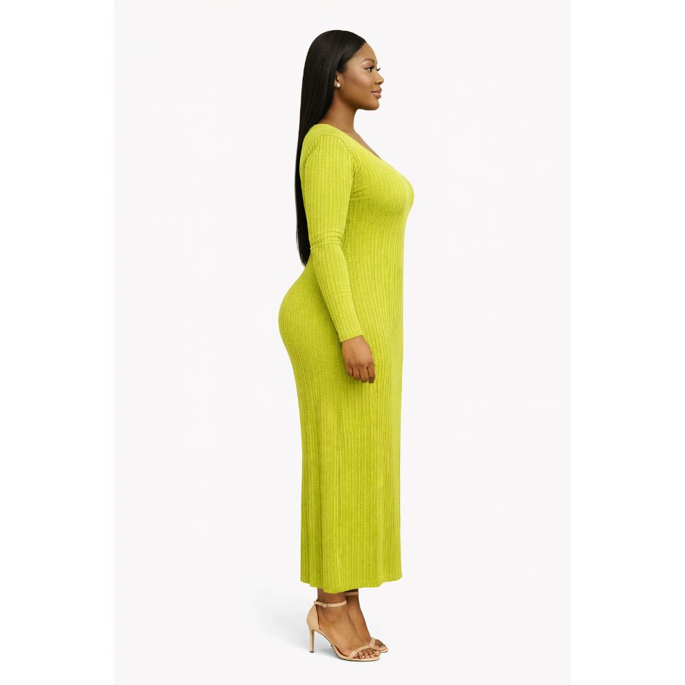 Ribbed Long Sleeve Bodycon Midi Dress with Back Tie Detail