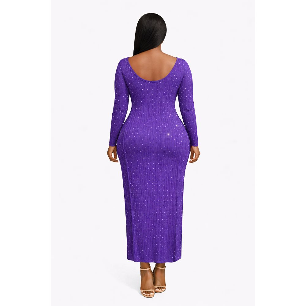 Purple Long Sleeve Ribbed Midi Dress