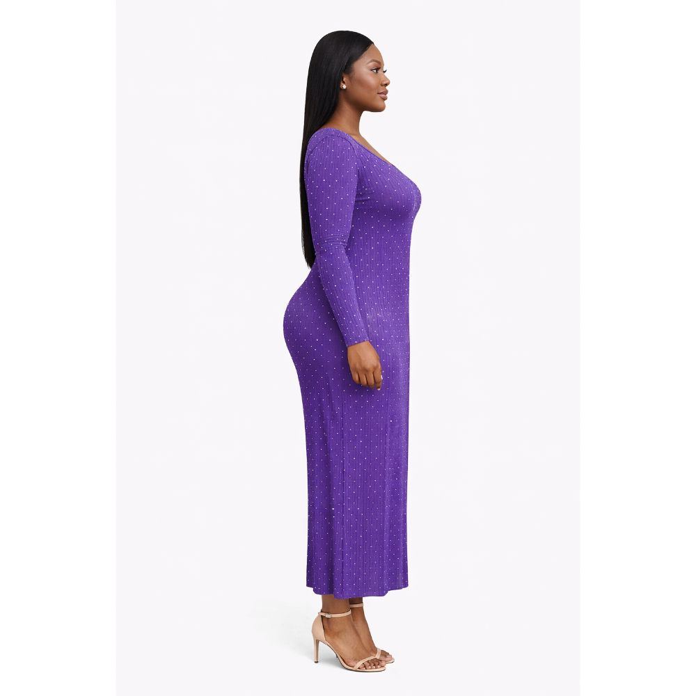 Purple Long Sleeve Ribbed Midi Dress