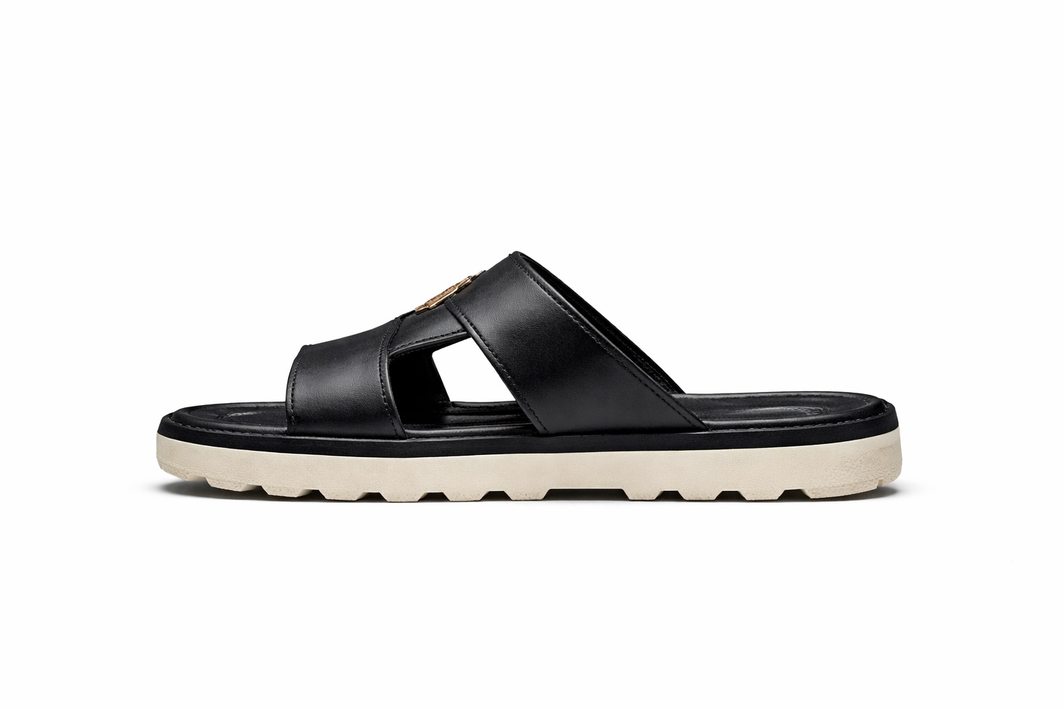 Mens Black Leather Cut out design Slide Sandal with Contrast Grip Sole