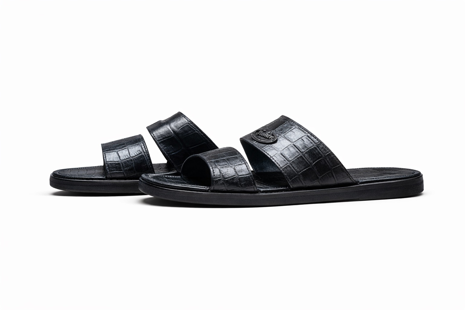 Mens Black Croc Embossed Leather Slide Sandal  with Dual Strap Design
