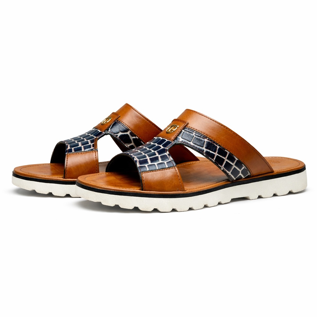 Mens Brown Croc Embossed Leather Slide Sandal