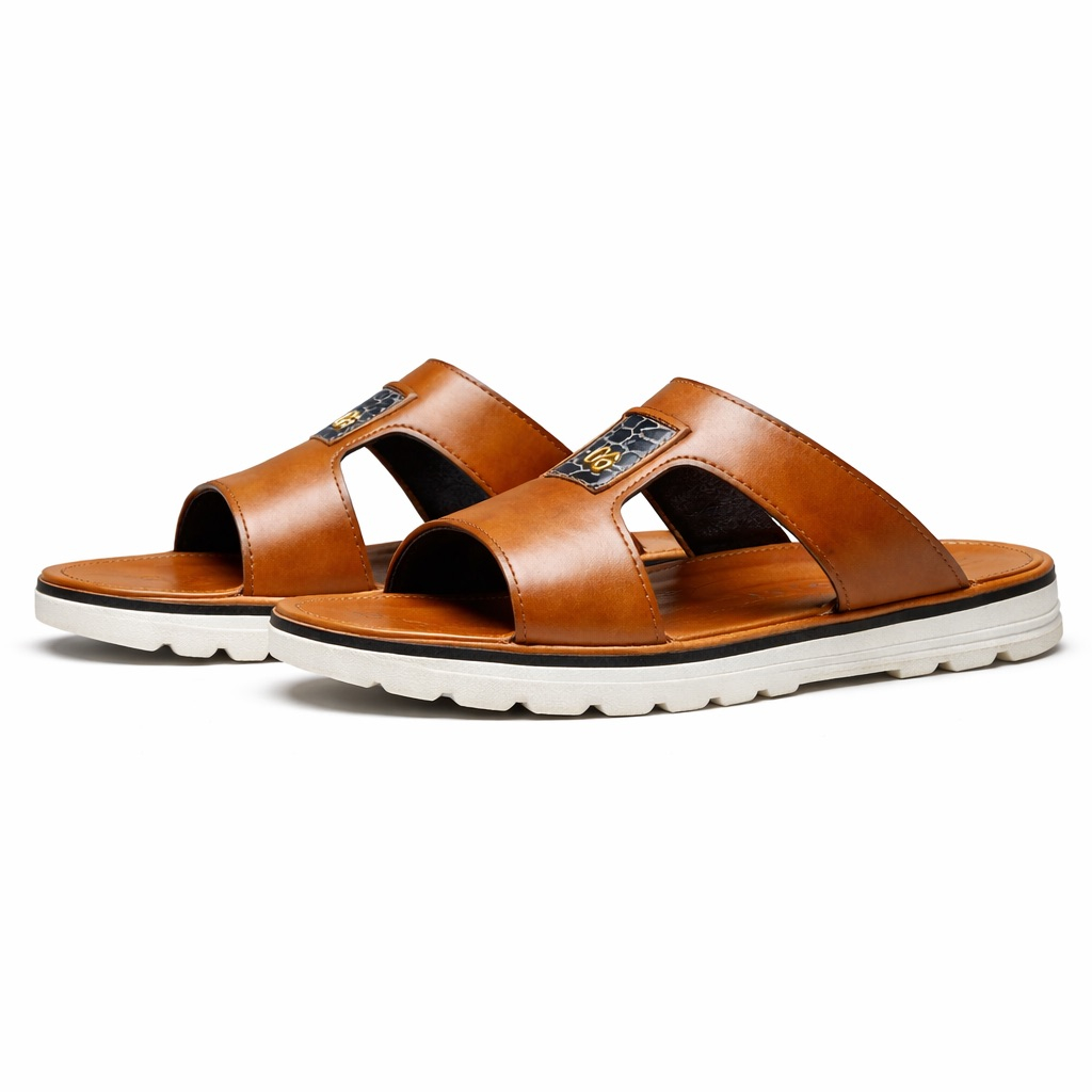 Mens Brown Leather Slide Sandal  with Croc Embossed Detail