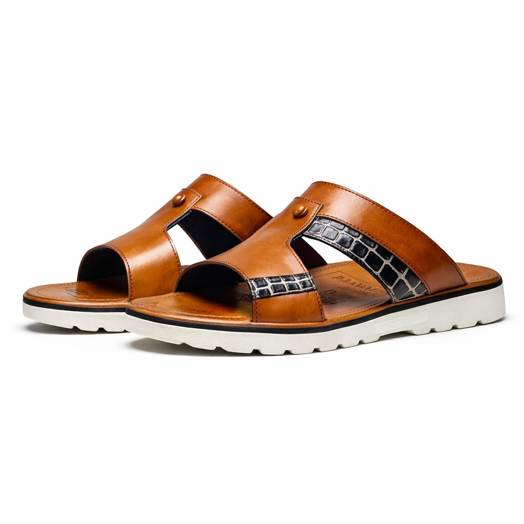 Mens Brown Leather Slide Sandal  with Croc Accent Detail