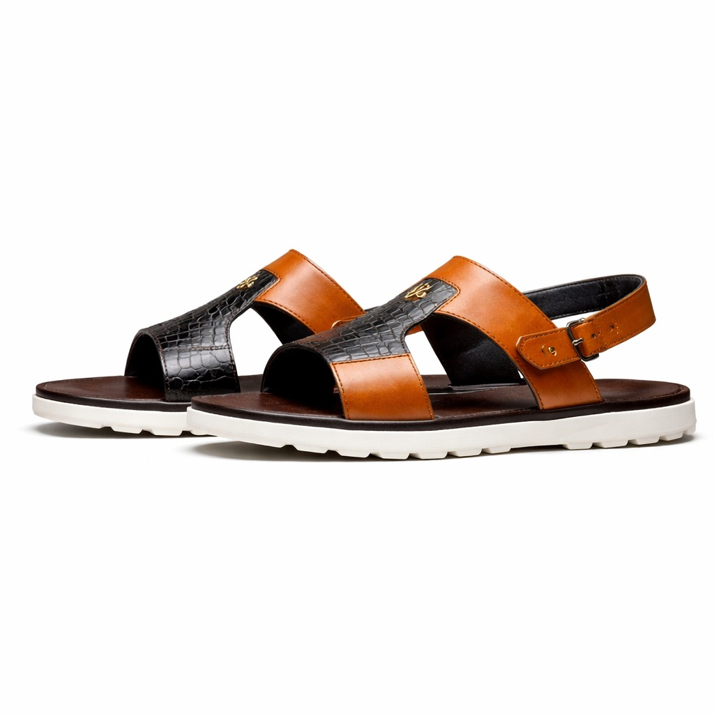 Mens Brown and Black Croc Embossed Leather Slide Sandal with Buckle Strap