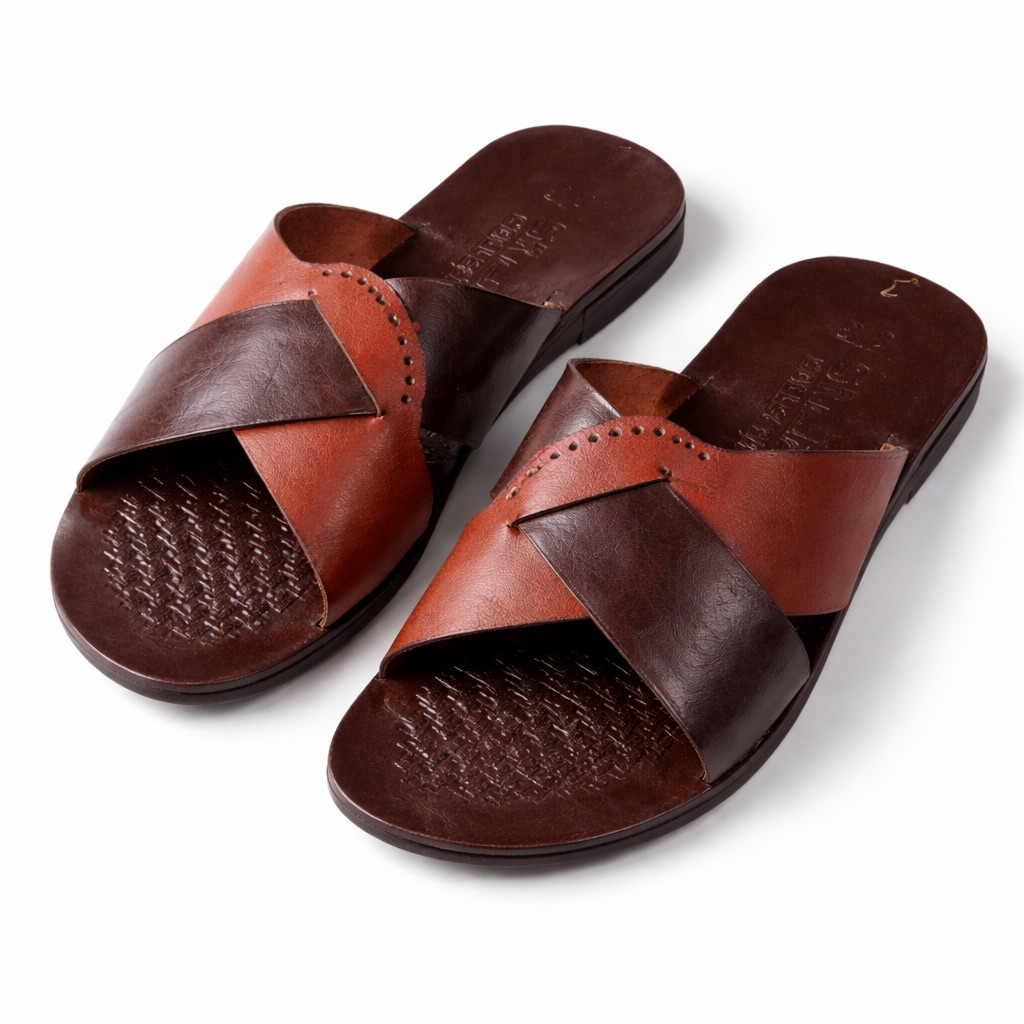 Mens Brown CrossStrap Leather Slide Sandal     Textured Sole Design