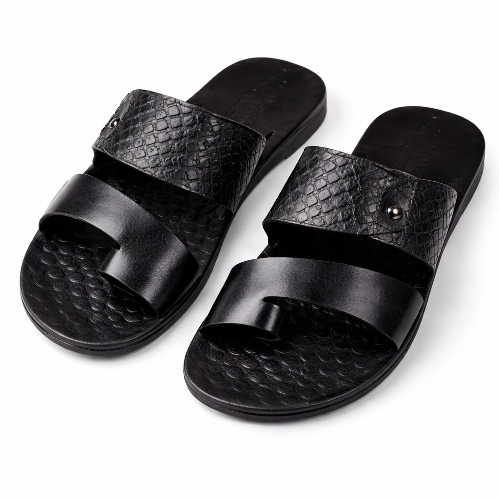 Mens Black Dual Texture Leather Slide Sandal     Croc Embossed Strap Design
