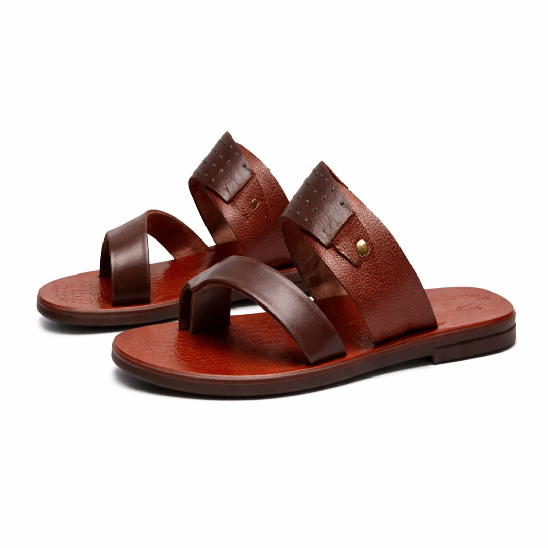 Mens Brown Dual Strap Leather Slide Sandal      Perforated Detail Design