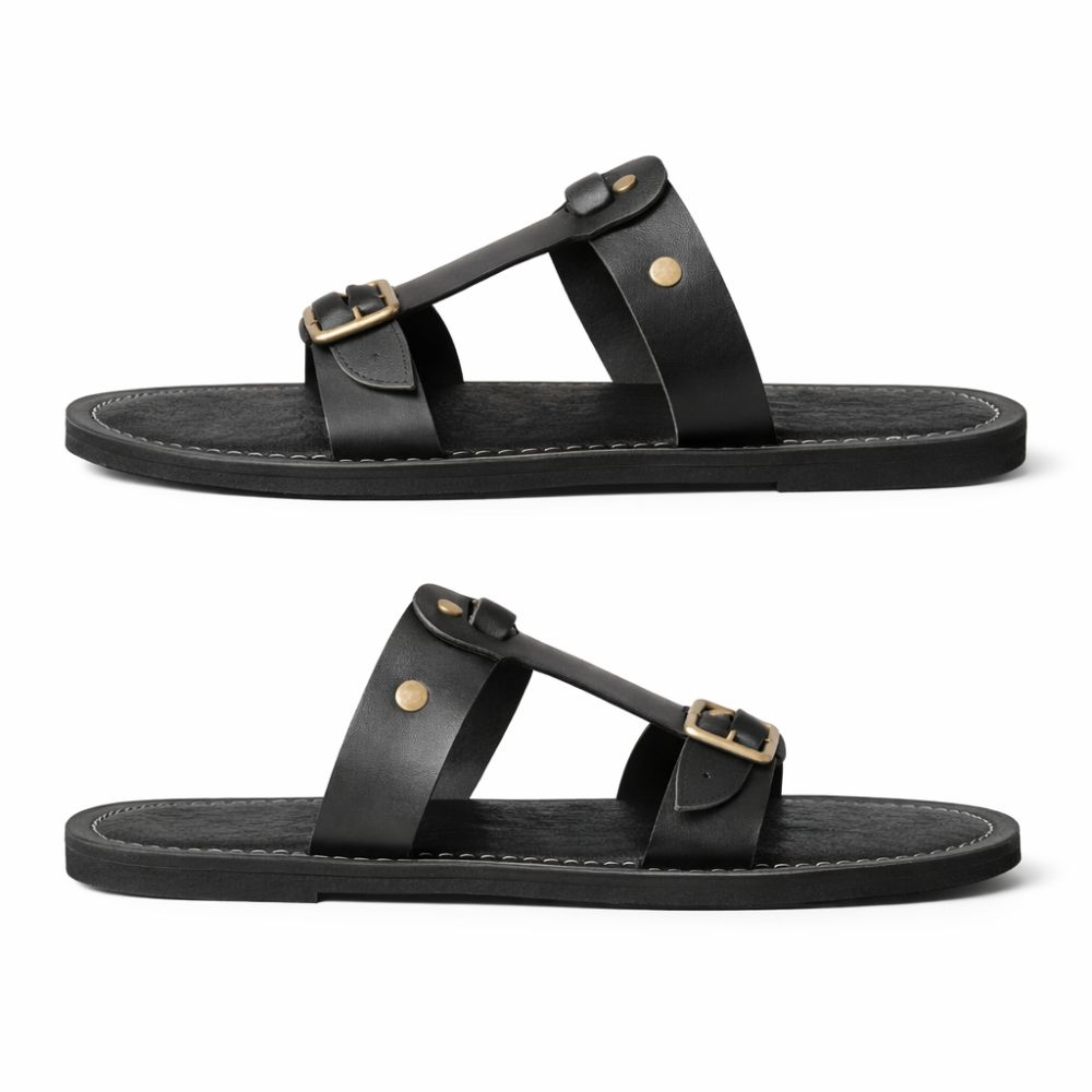 Kids Black Leather Strap Slip On Sandals with buckle