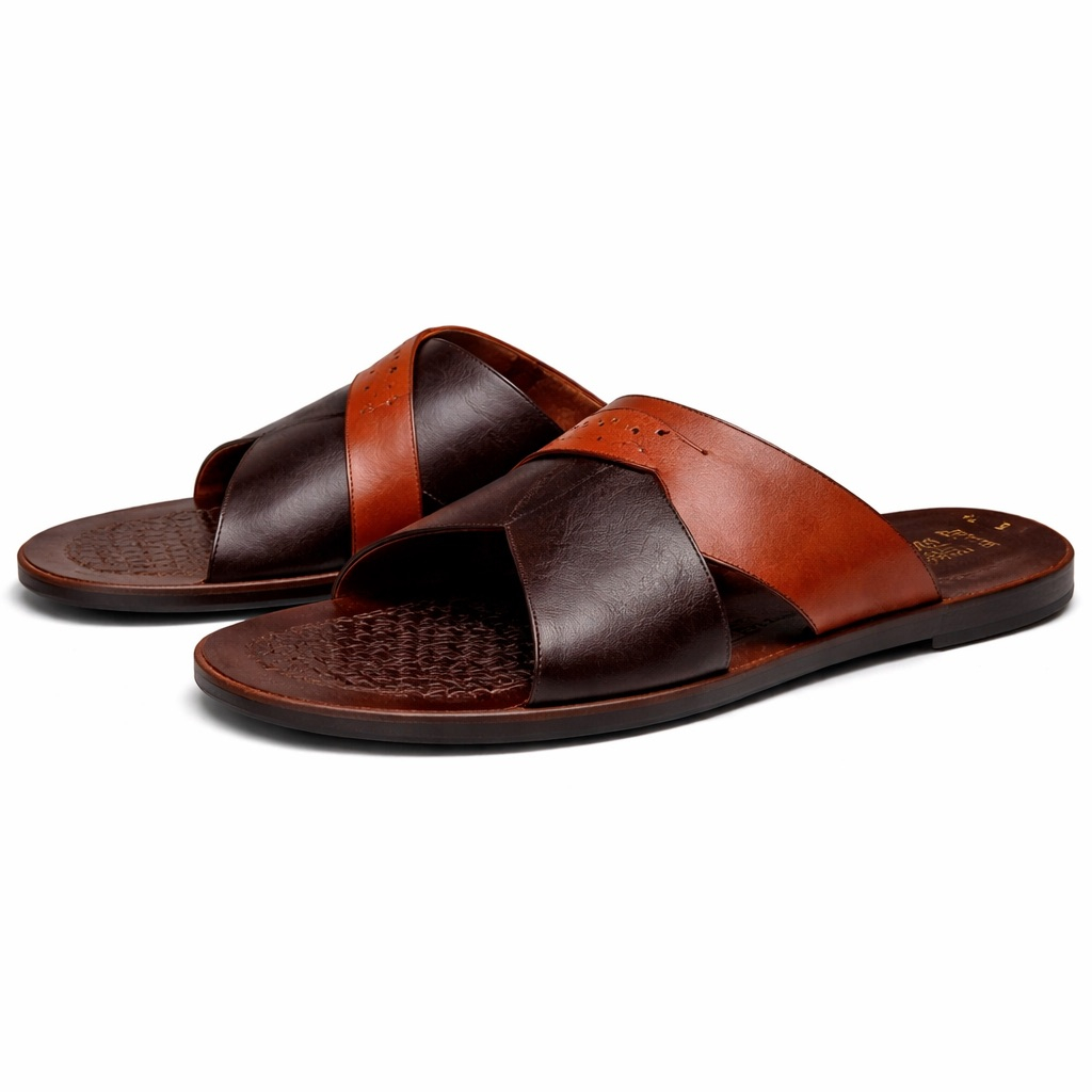 Mens Brown Cross Strap Leather Slide Sandal    Perforated Accent Design