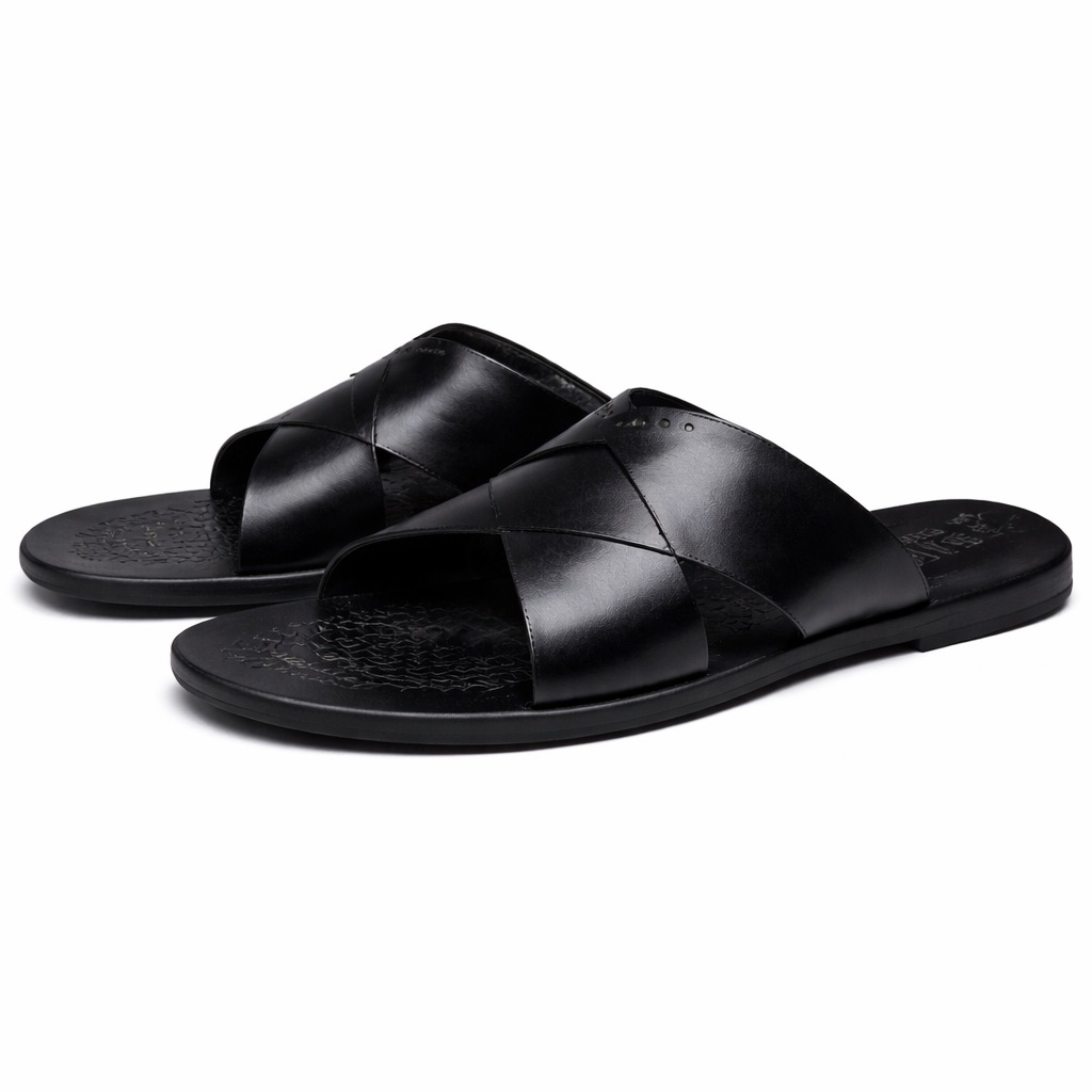 Mens Black CrossStrap Leather Slide Sandal     Perforated Accent Design