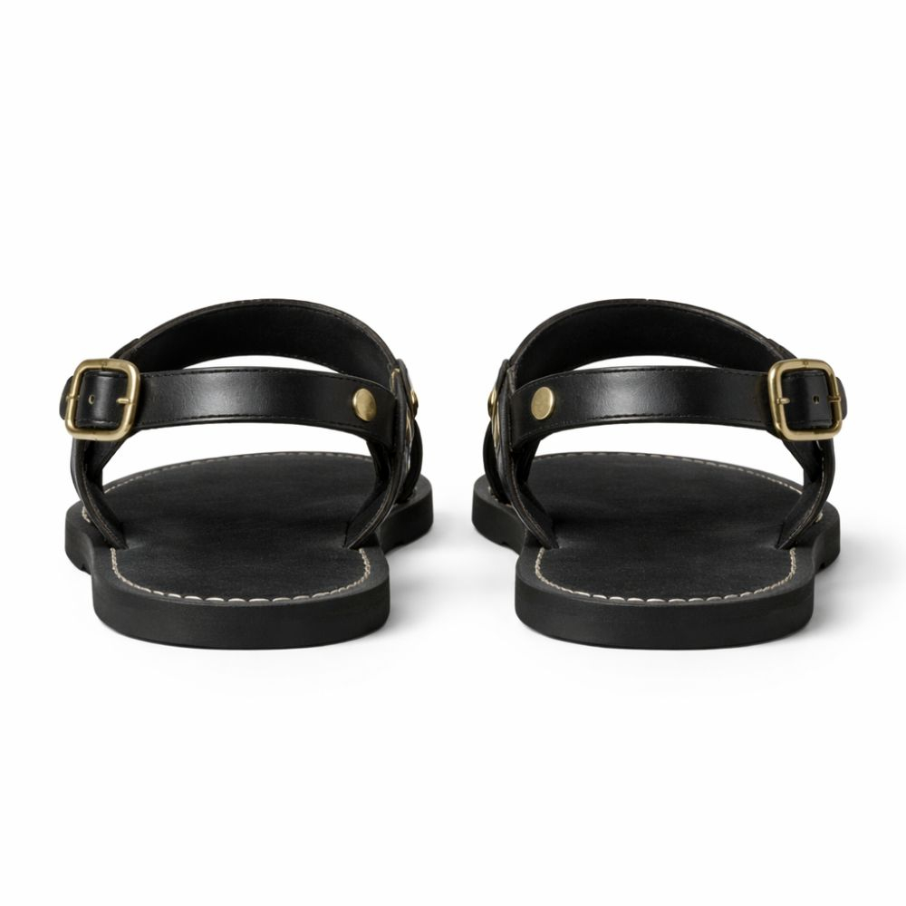 Kids Black Double Strap Leather Sandal with Ankle Buckle