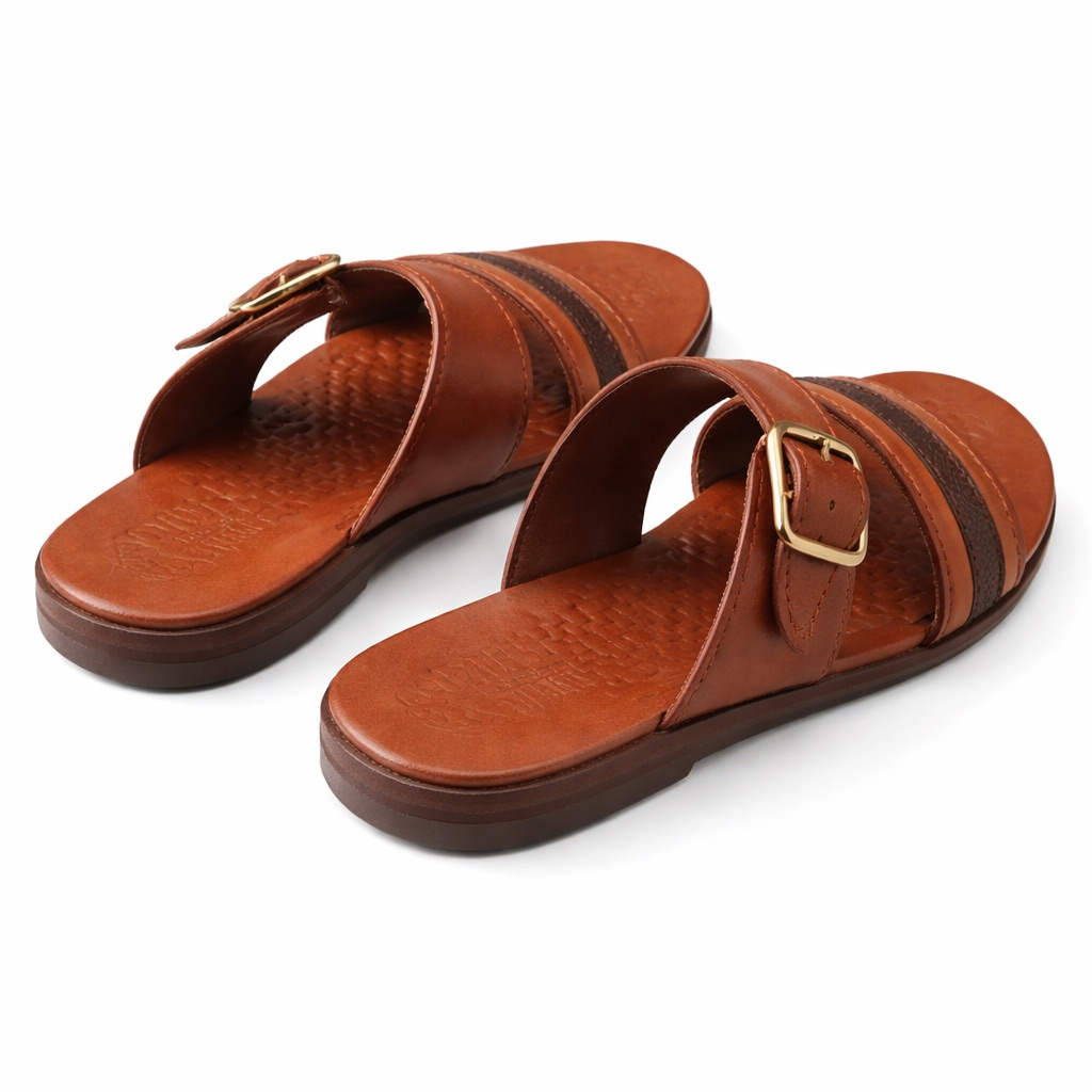 Mens Brown Buckle Strap Leather Slide Sandal     Dual Band Design
