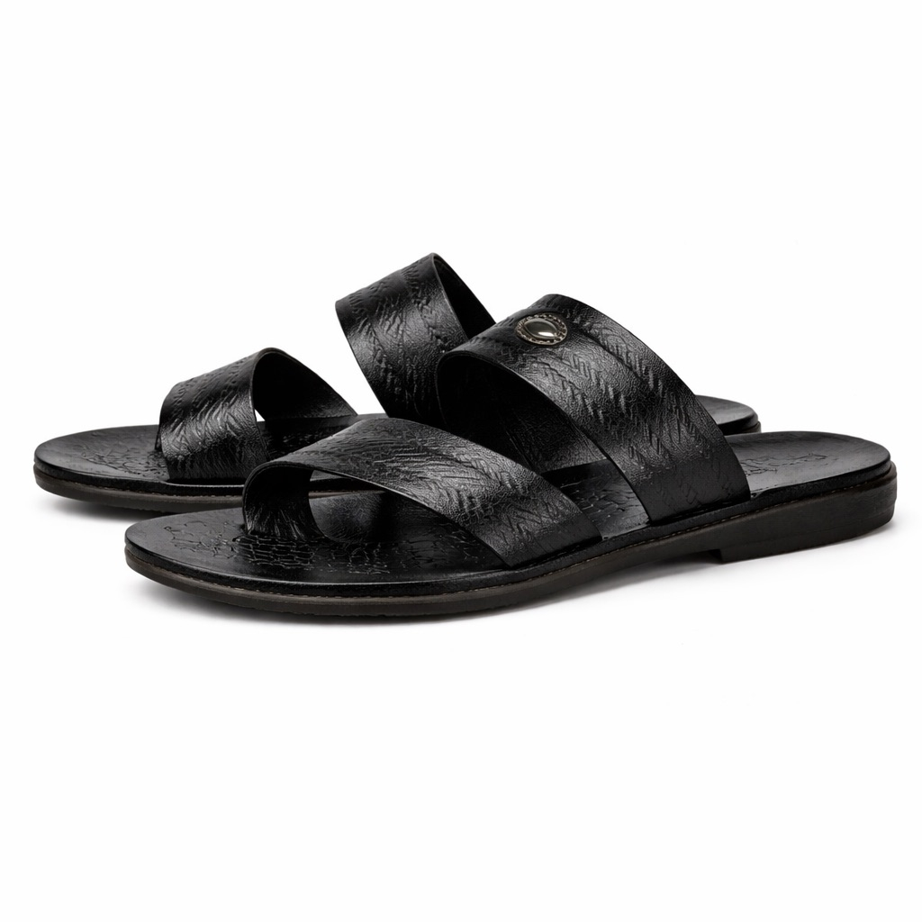 Mens Black Textured Leather Slide Sandal     Metal Accent Strap Design