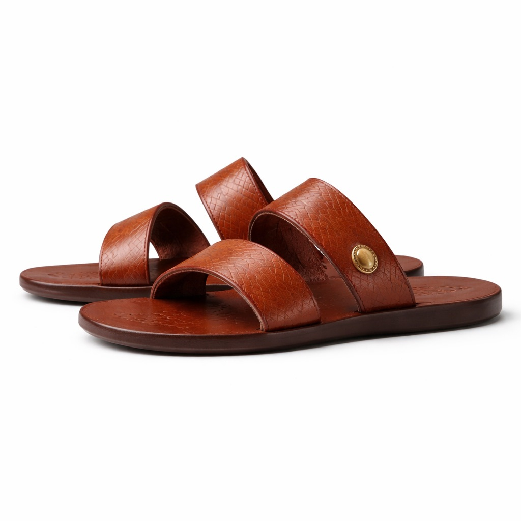 Mens Brown Textured Leather Slide Sandal