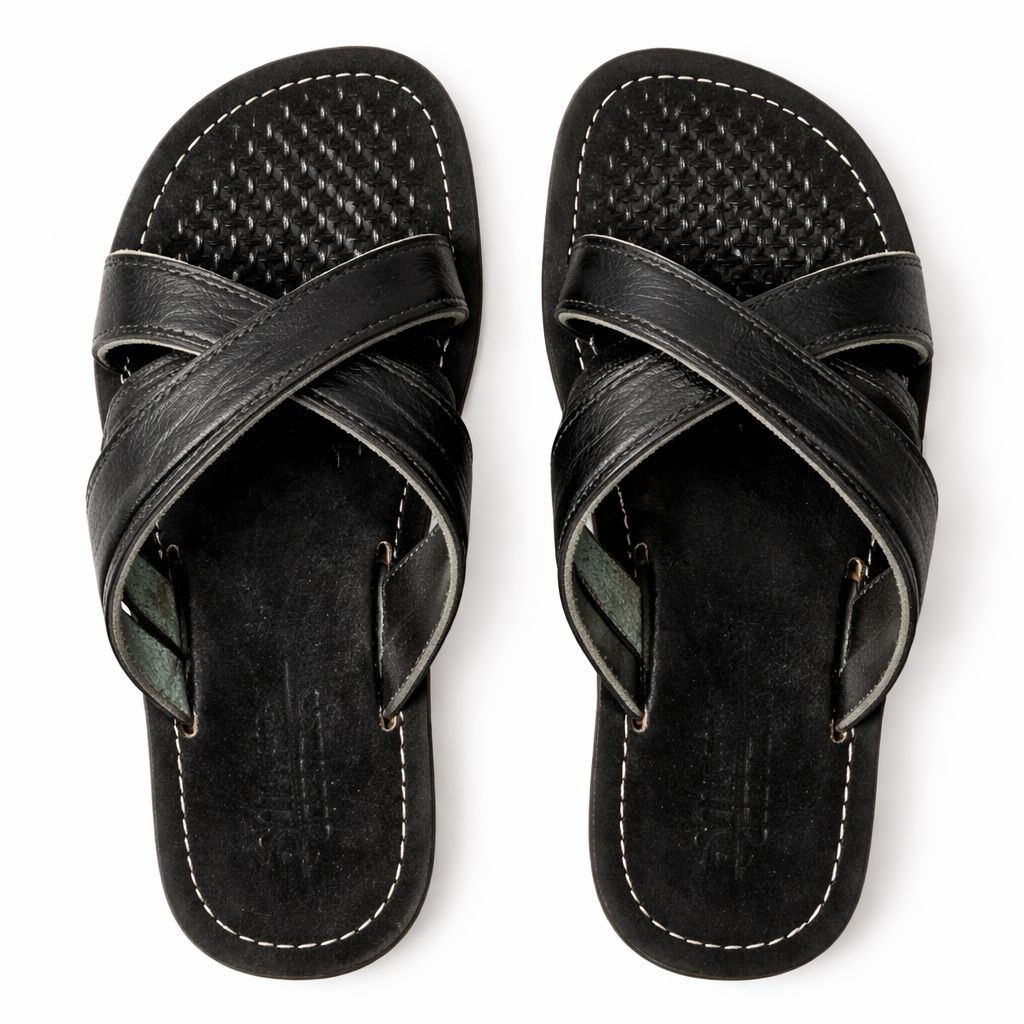 Kids Black Cross Strap Leather Slip On Sandal