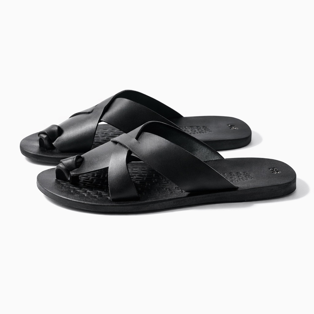 Mens Black Cross Strap Leather Slide Sandal      Toe Loop Design