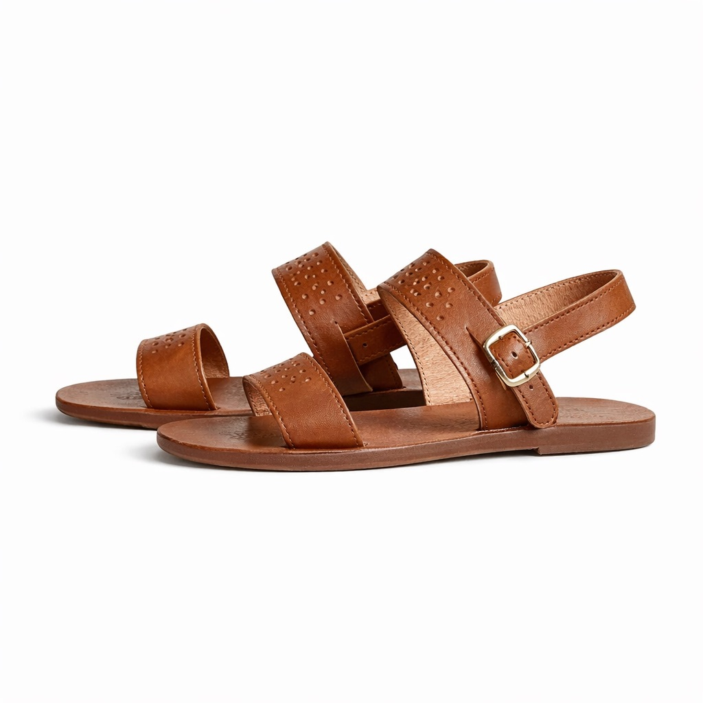 Mens Brown Perforated Leather Slide Sandal        Dual Strap with Buckle