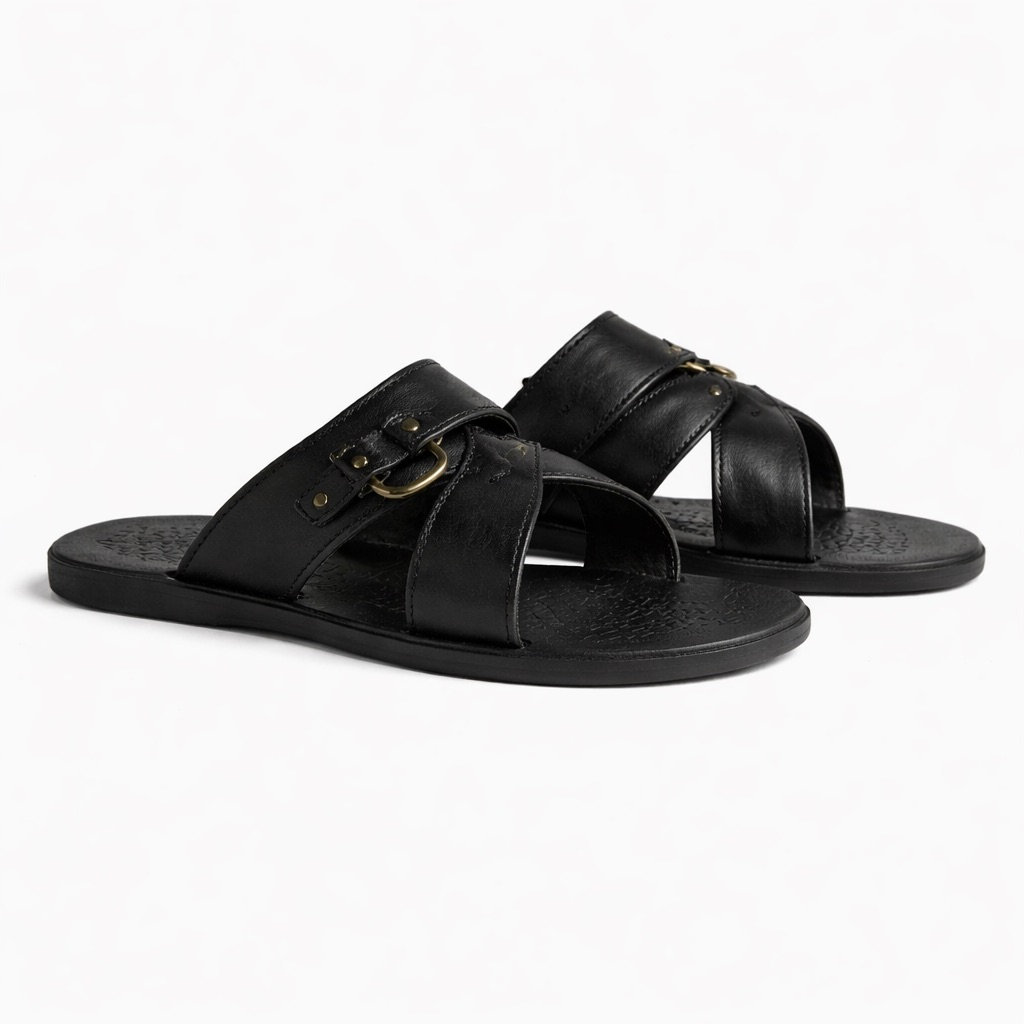Mens Black Cross Strap Leather Slide Sandal     Buckle and Rivet Detail