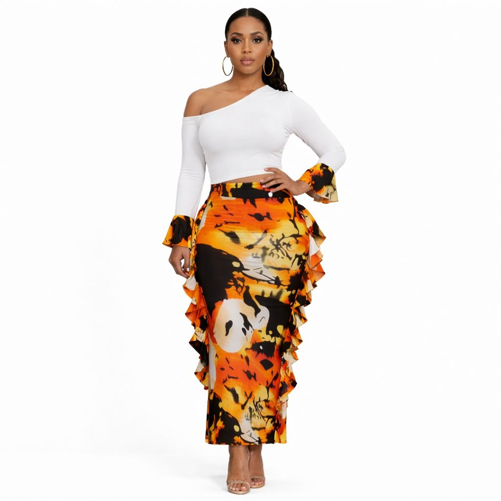 Womens Long Sleeve Crop Top and Printed Midi Skirt Set