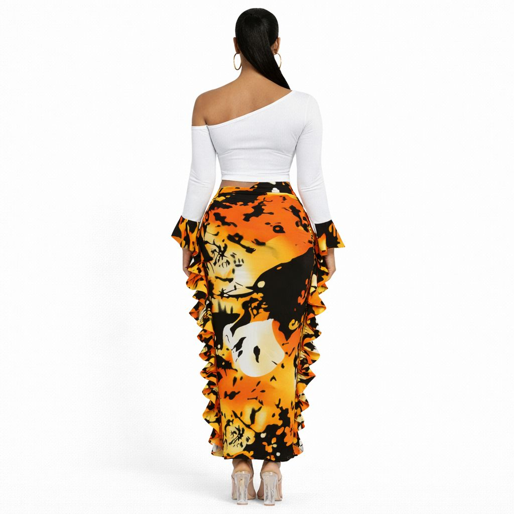 Womens Long Sleeve Crop Top and Printed Midi Skirt Set