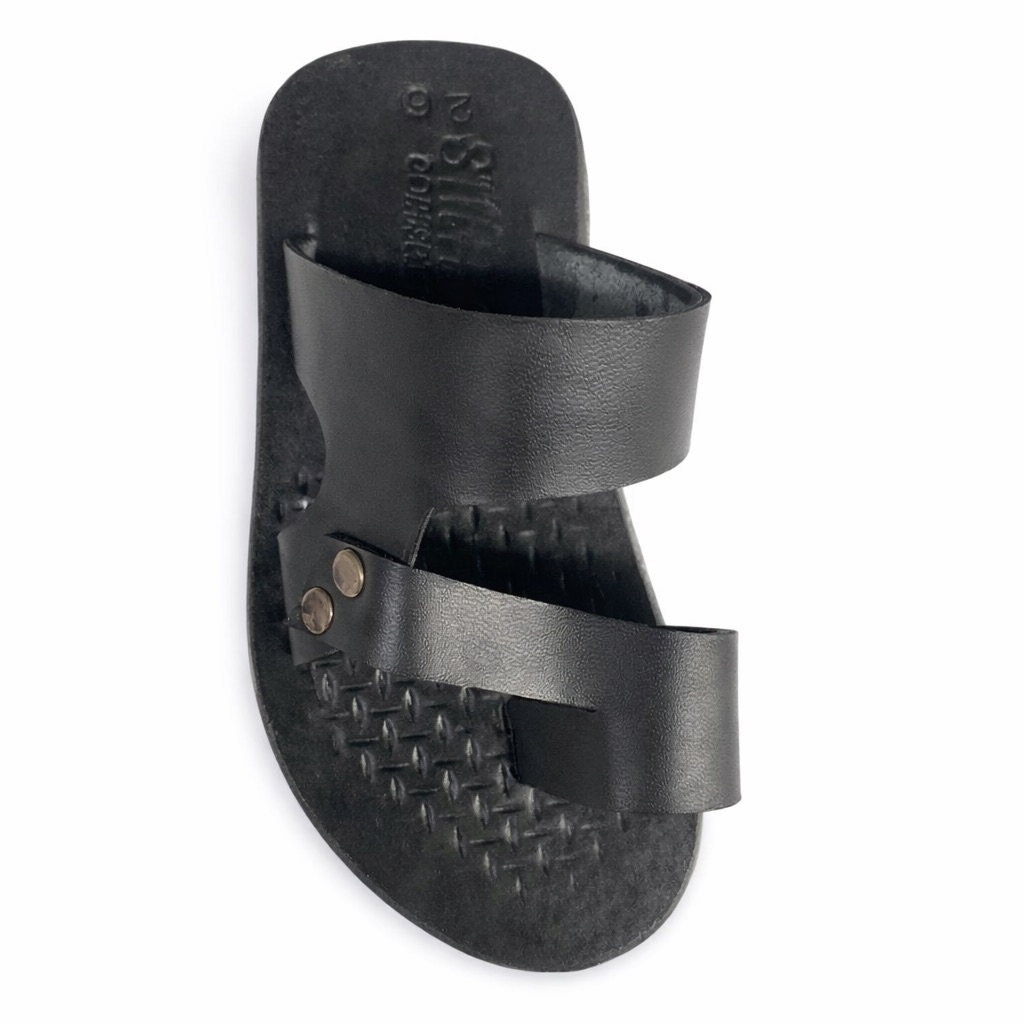 Mens Black Dual Strap Leather Slide Sandal     Minimal Rivet Detail