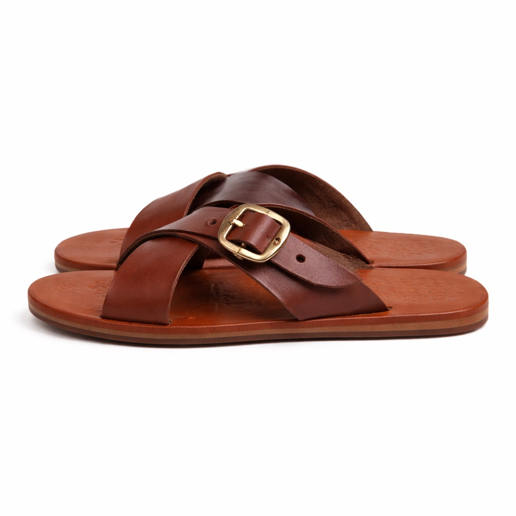 Mens Brown CrossStrap Leather Slide Sandal       Adjustable Buckle Design
