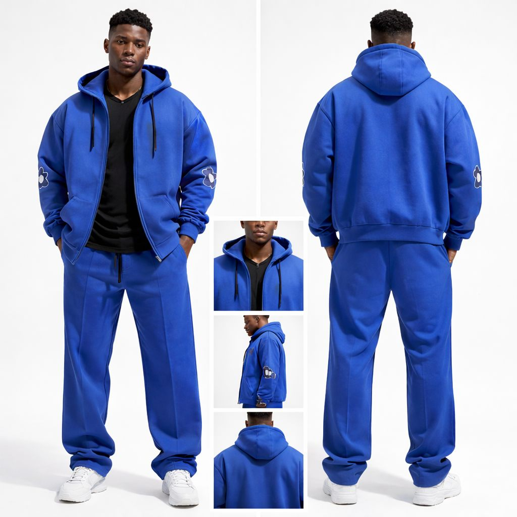 Unisex Blue Hooded Zip Up Tracksuit Set