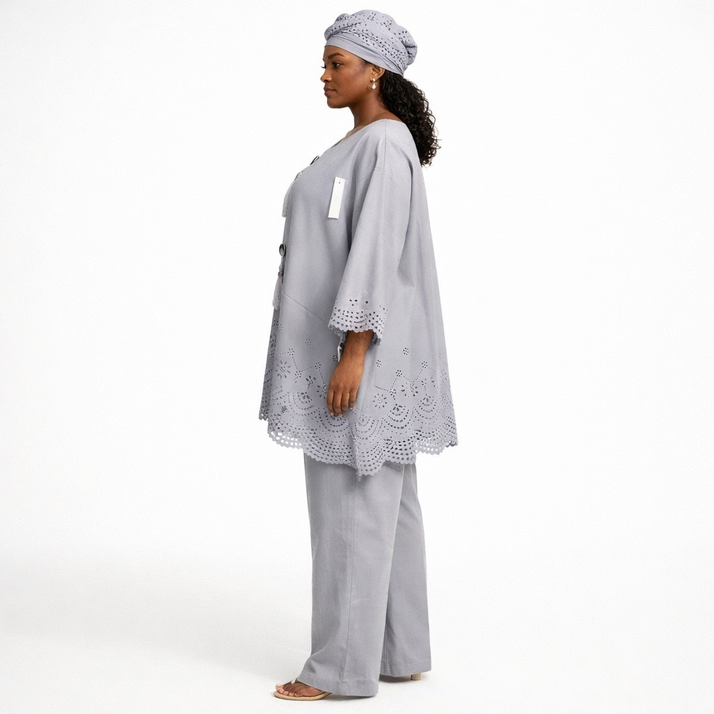 Grey Laser Cut Embellished Two Piece Womens Set with Scarf