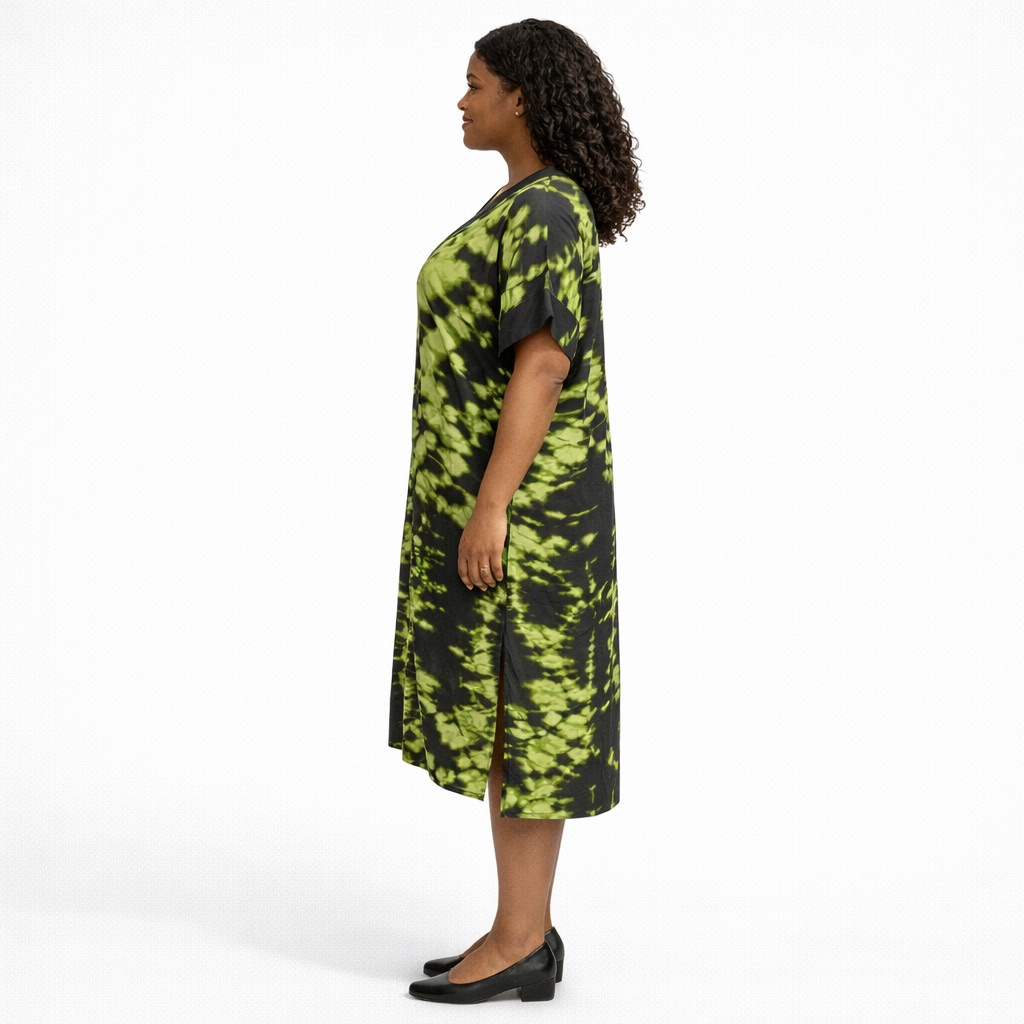 Womens Green and Black Tie Dye Kaftan Dress         Embellished Button Detail Relaxed Fit Dress