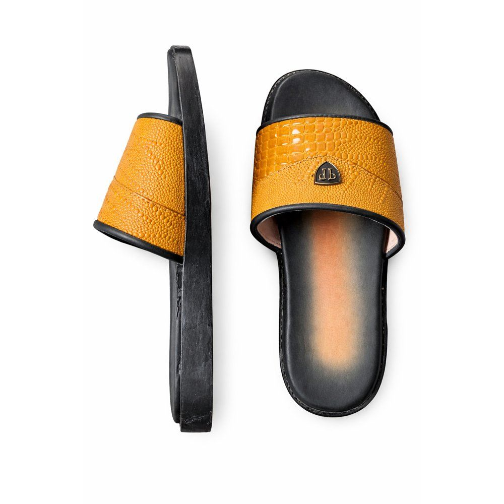 Textured Leather Slide Sandals with Croc Embossed Strap