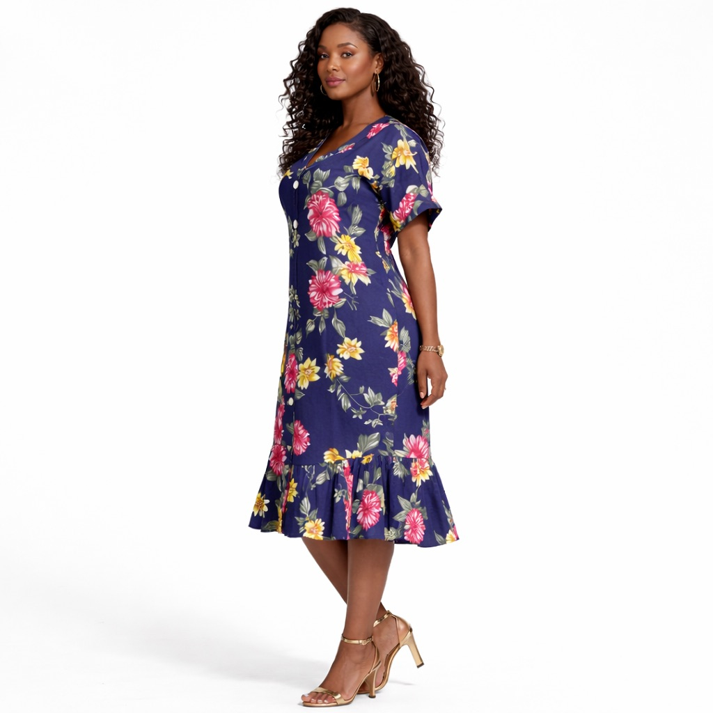 Navy Bloom Button Front Midi Dress