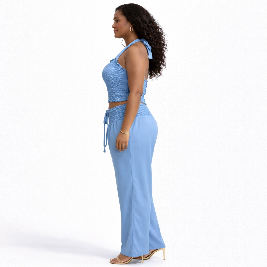 Sky Blue Smocked Halter Two Piece Lounge Set