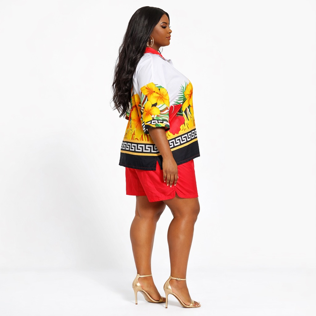 Womens Floral Print Button Up Shirt  and  Red Shorts Two Piece Set