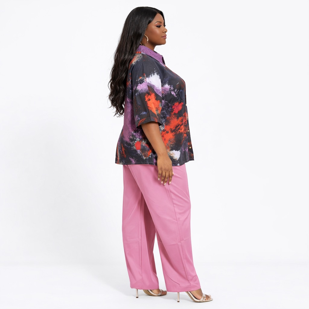 Womens Abstract Print ButtonUp  Shirt and  Wide Leg Pants Two Piece Set