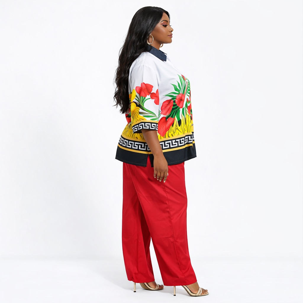 Quality Womens Tropical Floral Button Up Shirt and Red Straight leg Pants
