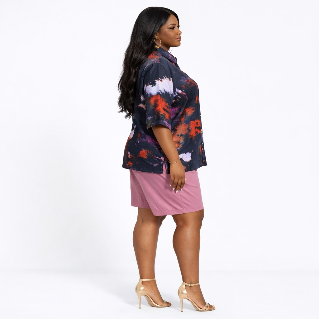 Womens Abstract Print Button Up Shirt and Mauve Shorts