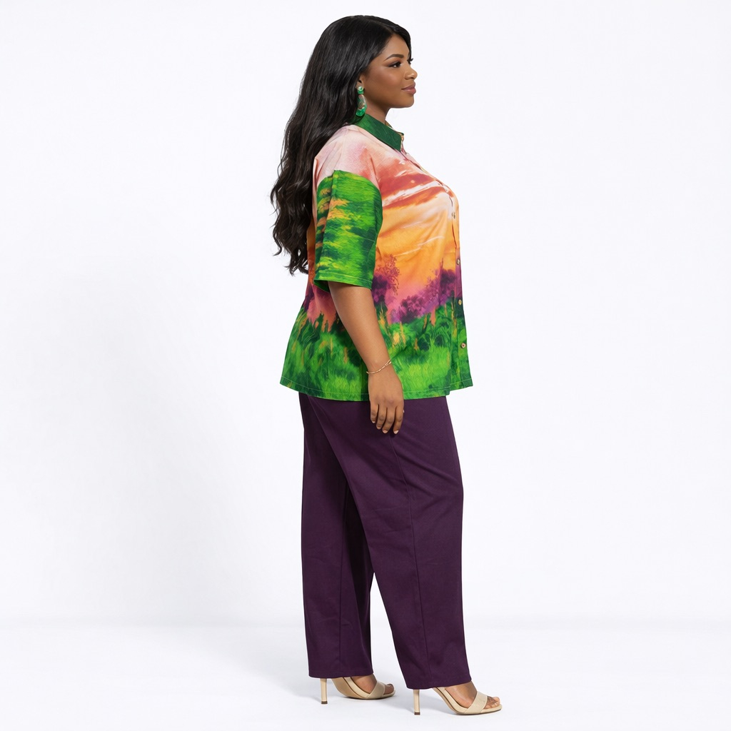 Womens Landscape Print Button Up Shirt and  Black Wide Leg Pants