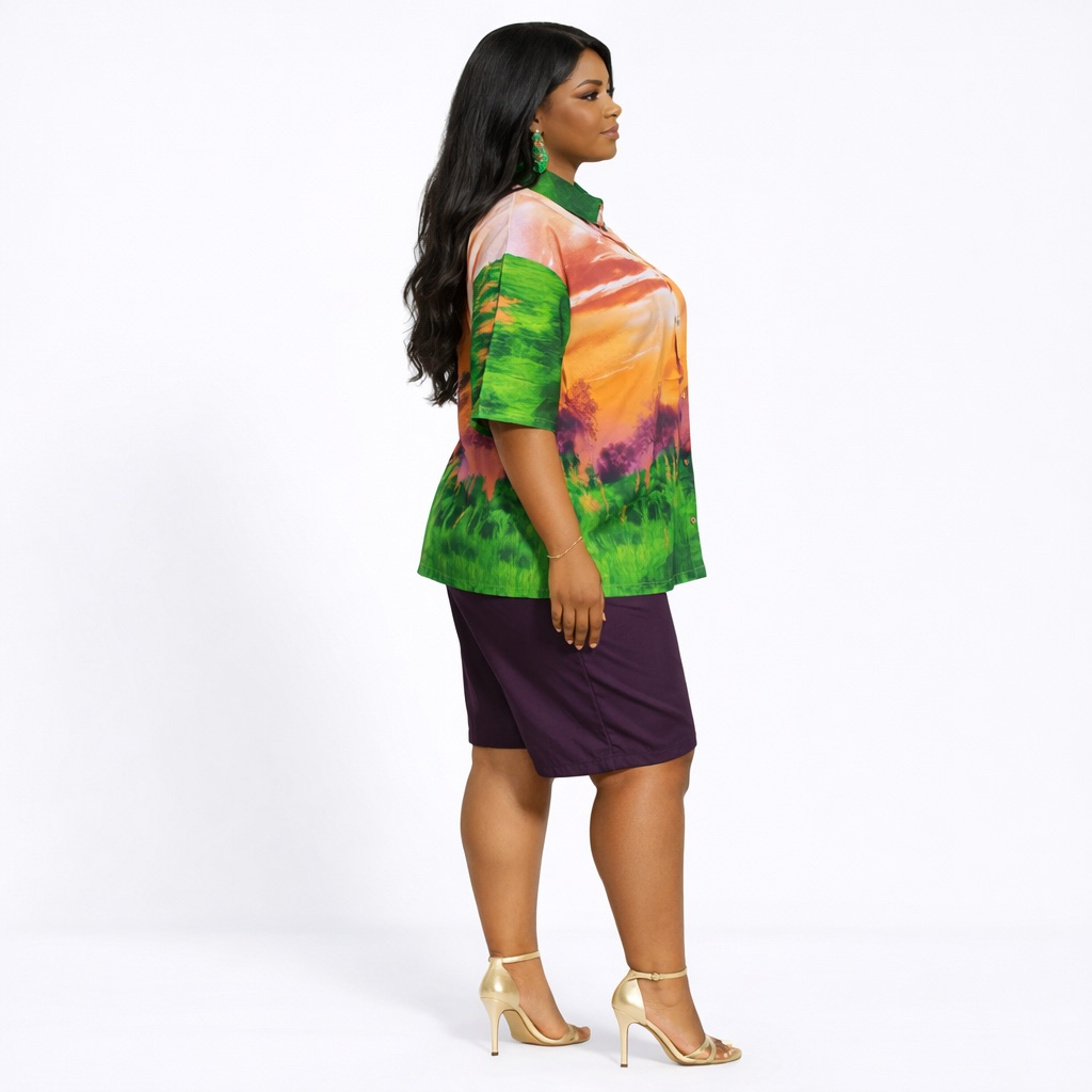 Womens  Landscape Print Button Up Shirt and  Shorts Two Piece Set