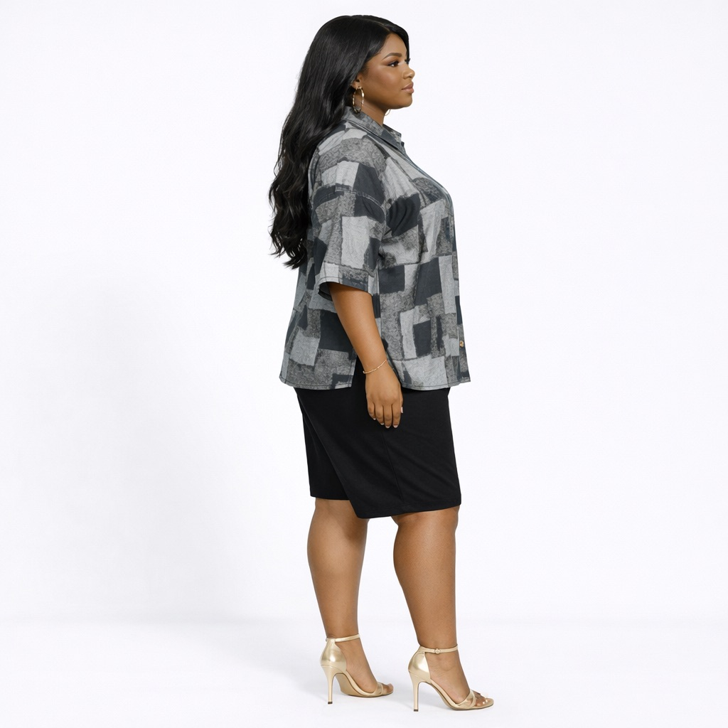 Unisex Grey Abstract Print Button up Shirt and Black Shorts Two Piece Set