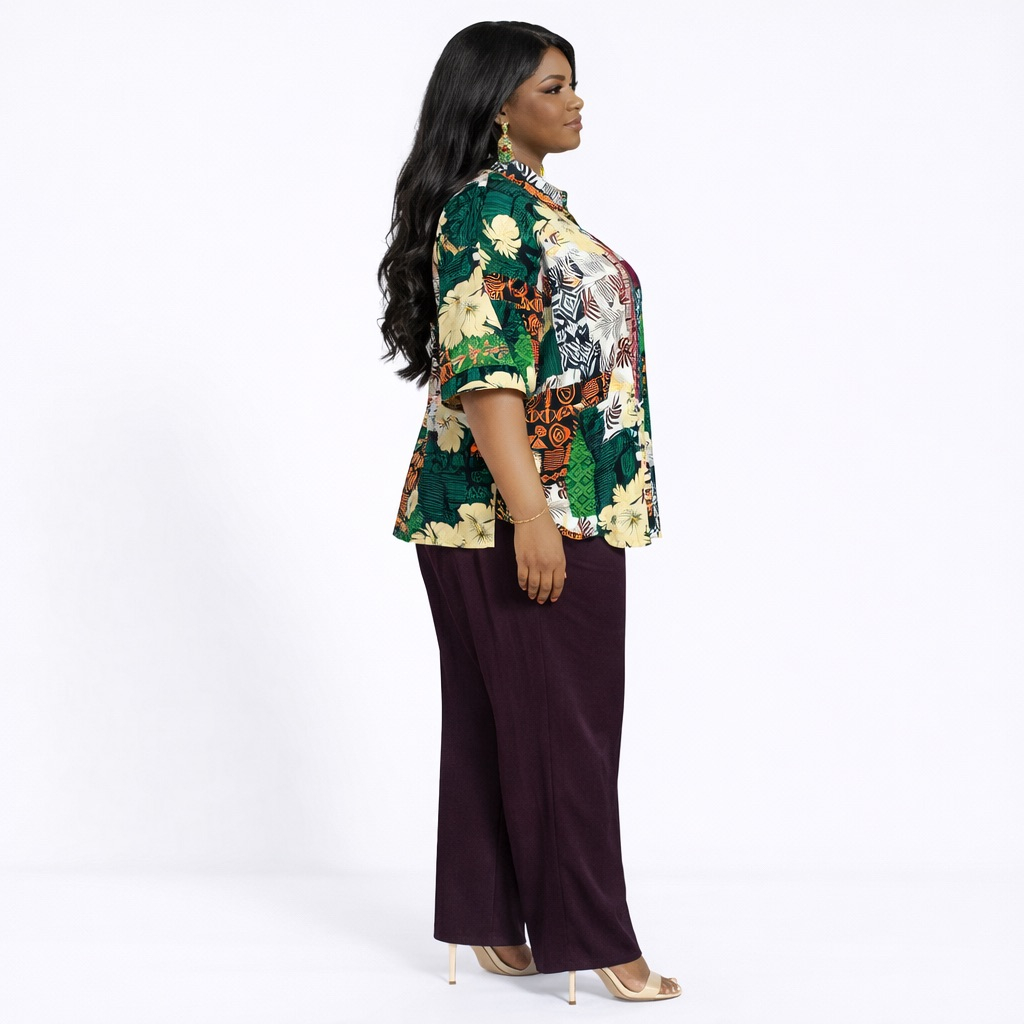 Unisex Mixed Print Button Up Shirt and Dark Brown Wide Leg Pants