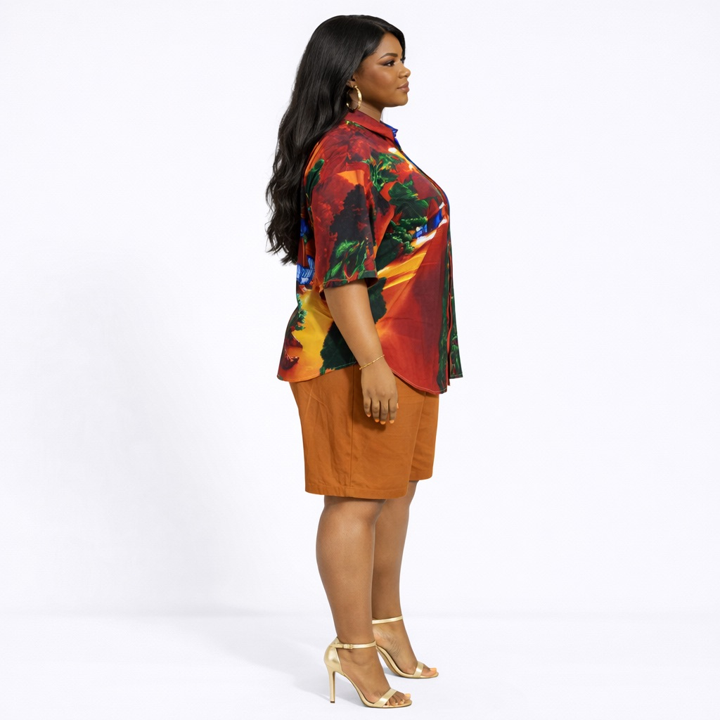 Unisex Scenic Print Button Up Shirt and Brown Shorts Two Piece Set