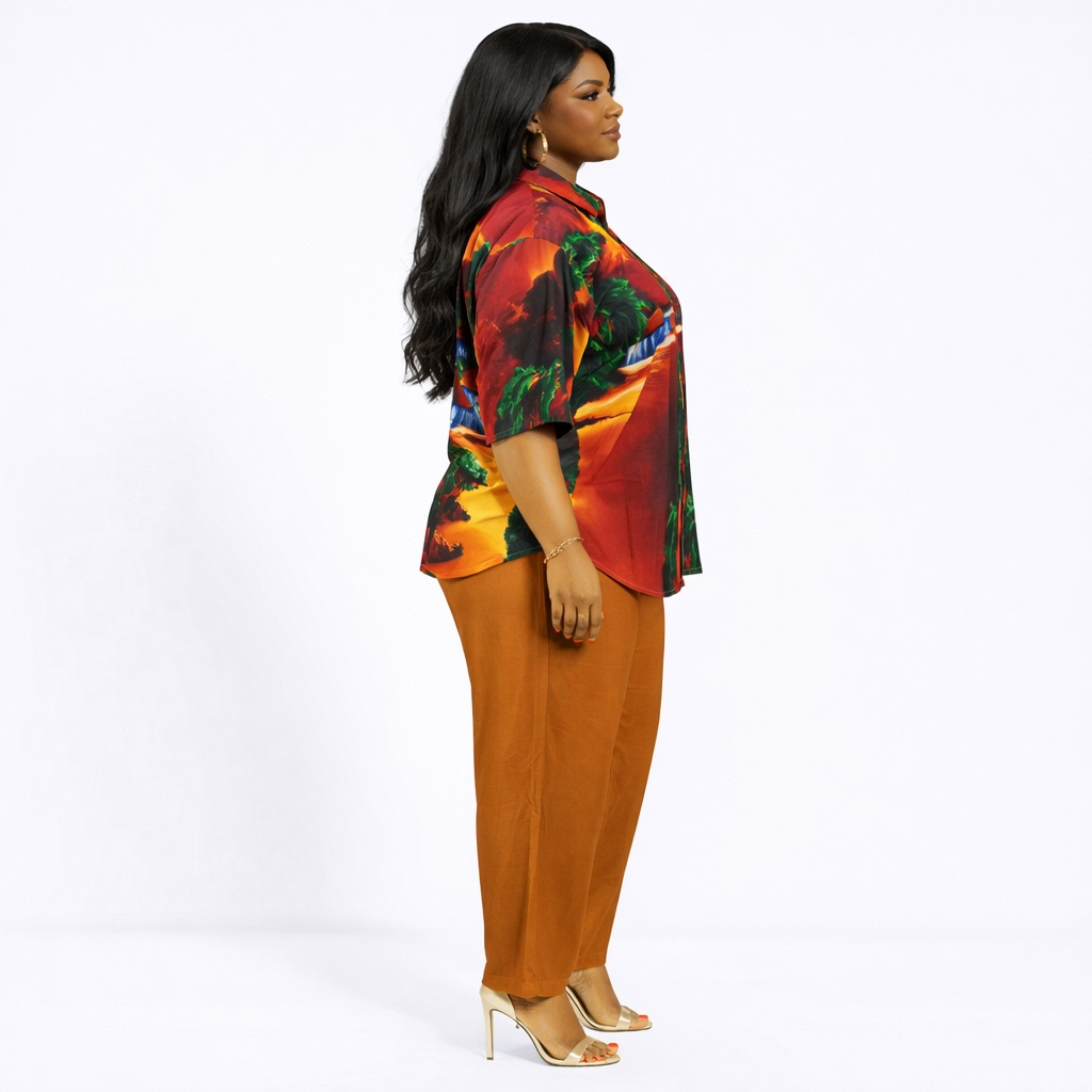 Unisex Senic Printed Button Shirt and Plain Trousers Set