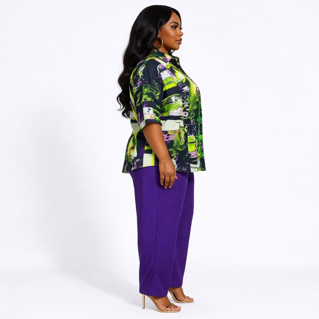 Womens Abstract Patchwork Print ButtonUp Shirt and Purple Pants
