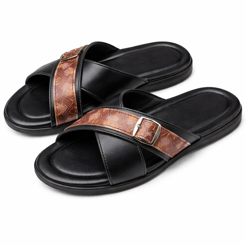 Leather Cross Strap Slide Sandals with Buckle Detail