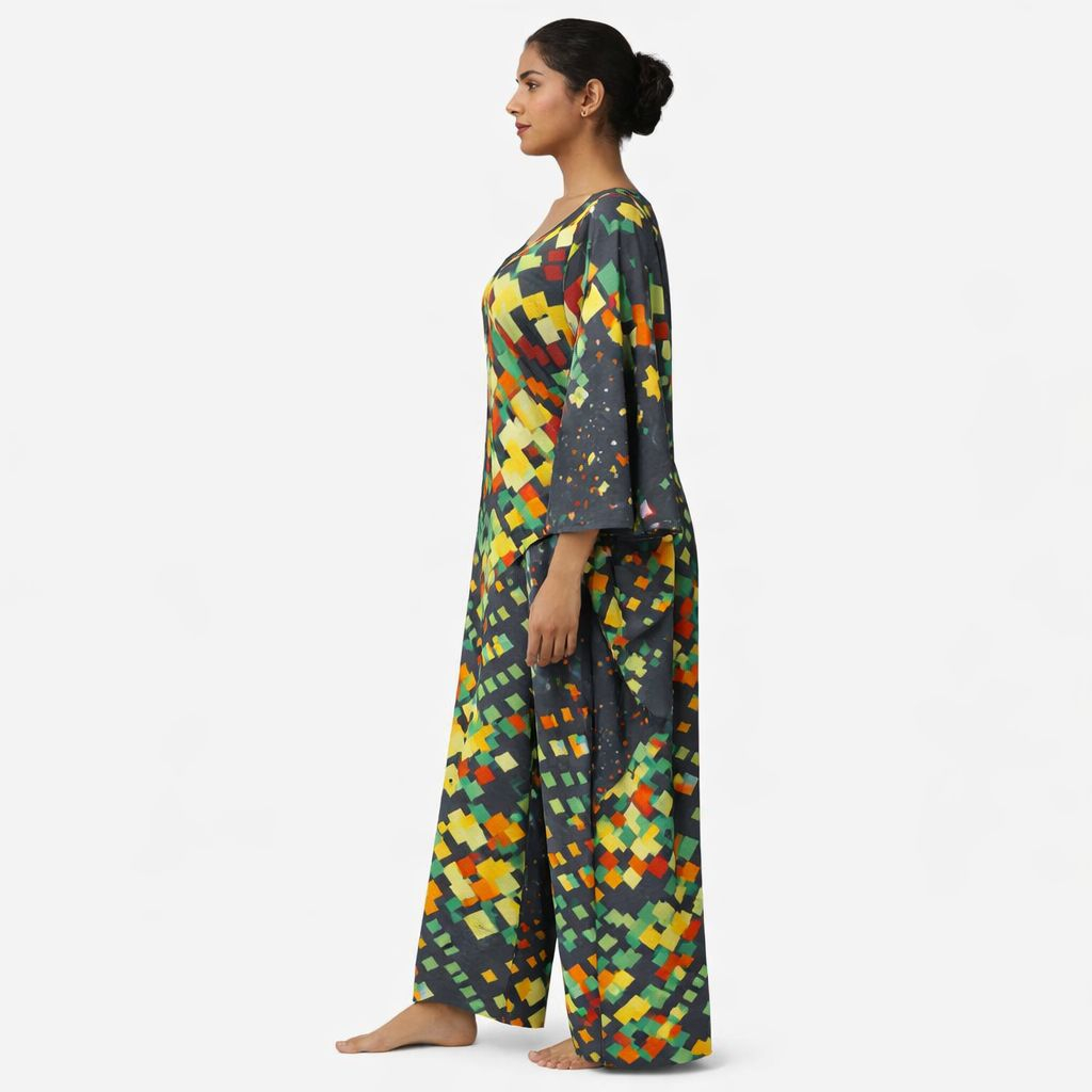 Chic Multicolor Geometric Button Up Kaftan Two Piece Set for Women