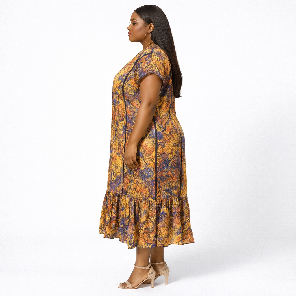 Abstract Splash Print Kaftan Midi Dress with Tassel Detail